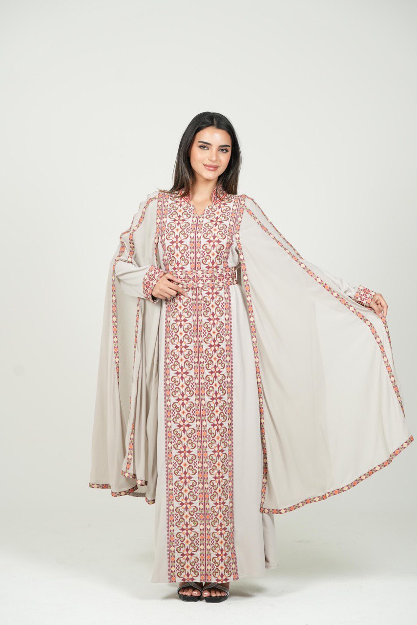 Palestinian Embroidered Chiffon Kaftan with Belt