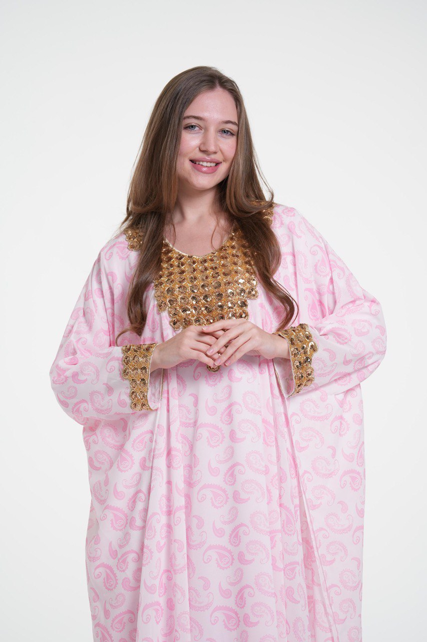 Printed Chiffon Jalabiya with Golden Embroidery