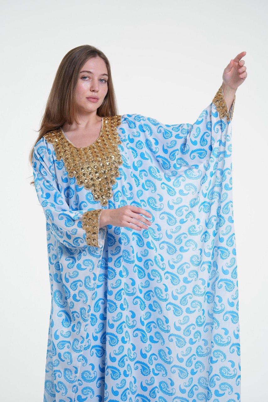 Printed Chiffon Jalabiya with Golden Embroidery