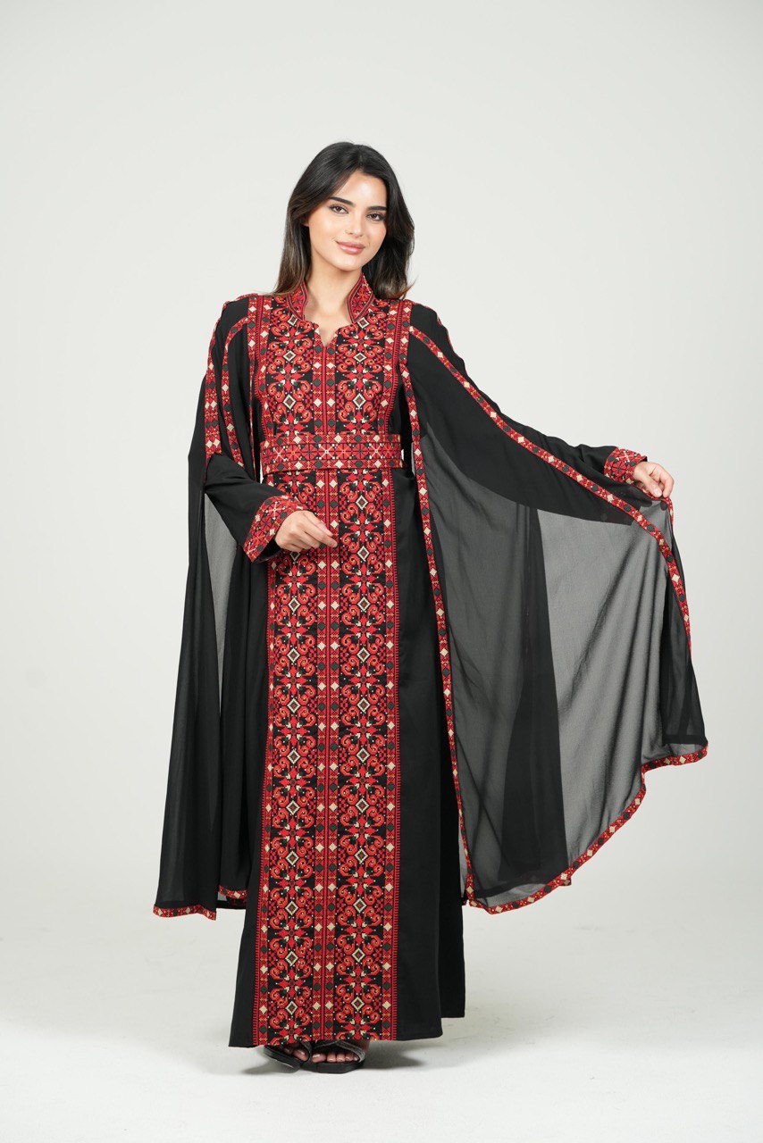 Palestinian Embroidered Chiffon Kaftan with Belt
