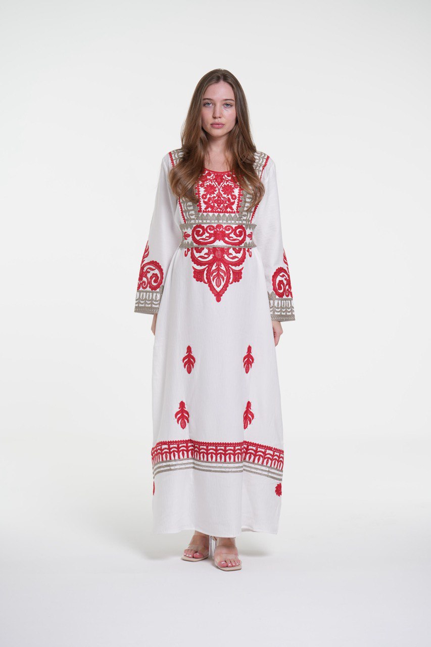 Embroidered Cotton Linen Jalabiya with Belt and Strass
