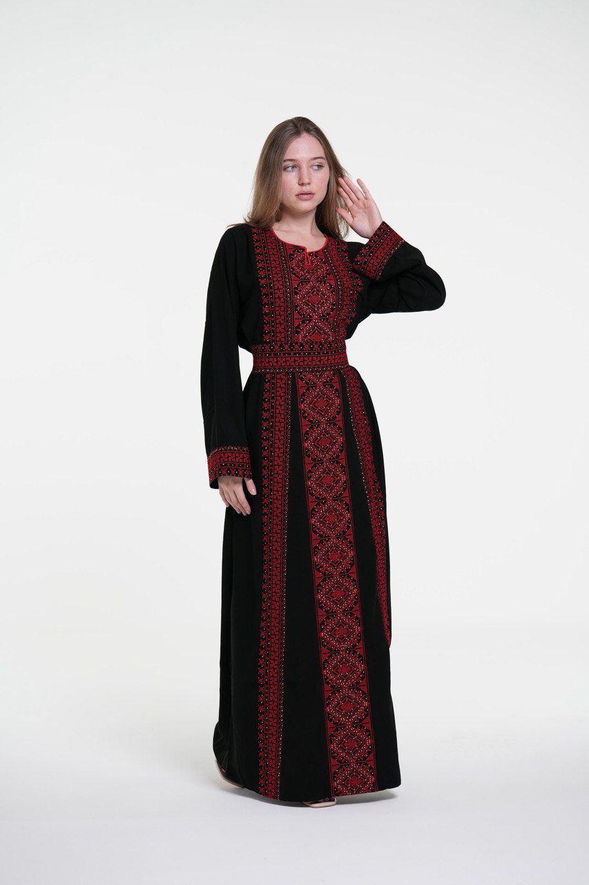 Palestinian Embroidered Black Jalabiya with Strass