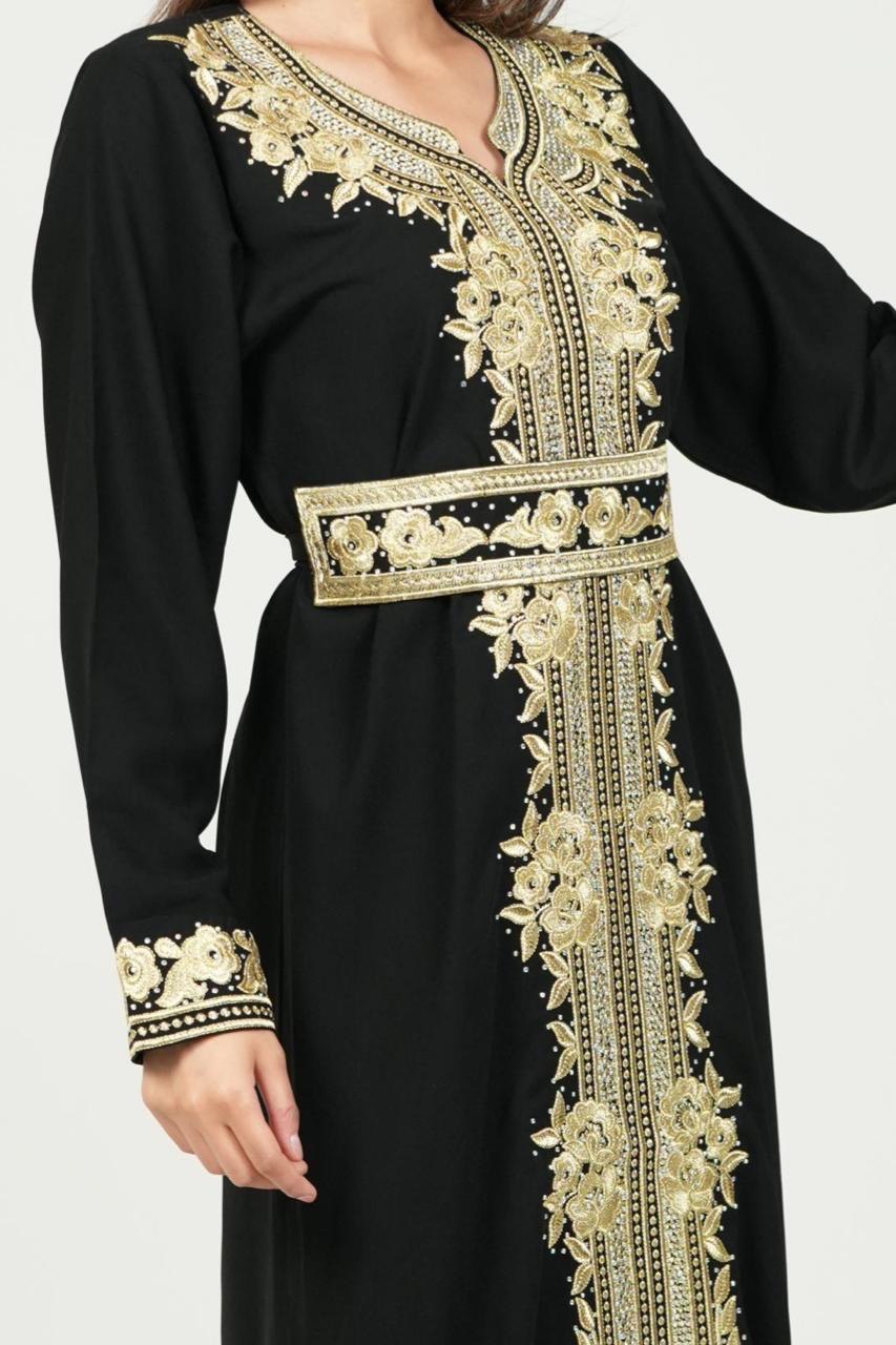 Black Palestinian Embroidered Jalabiya with Golden Belt